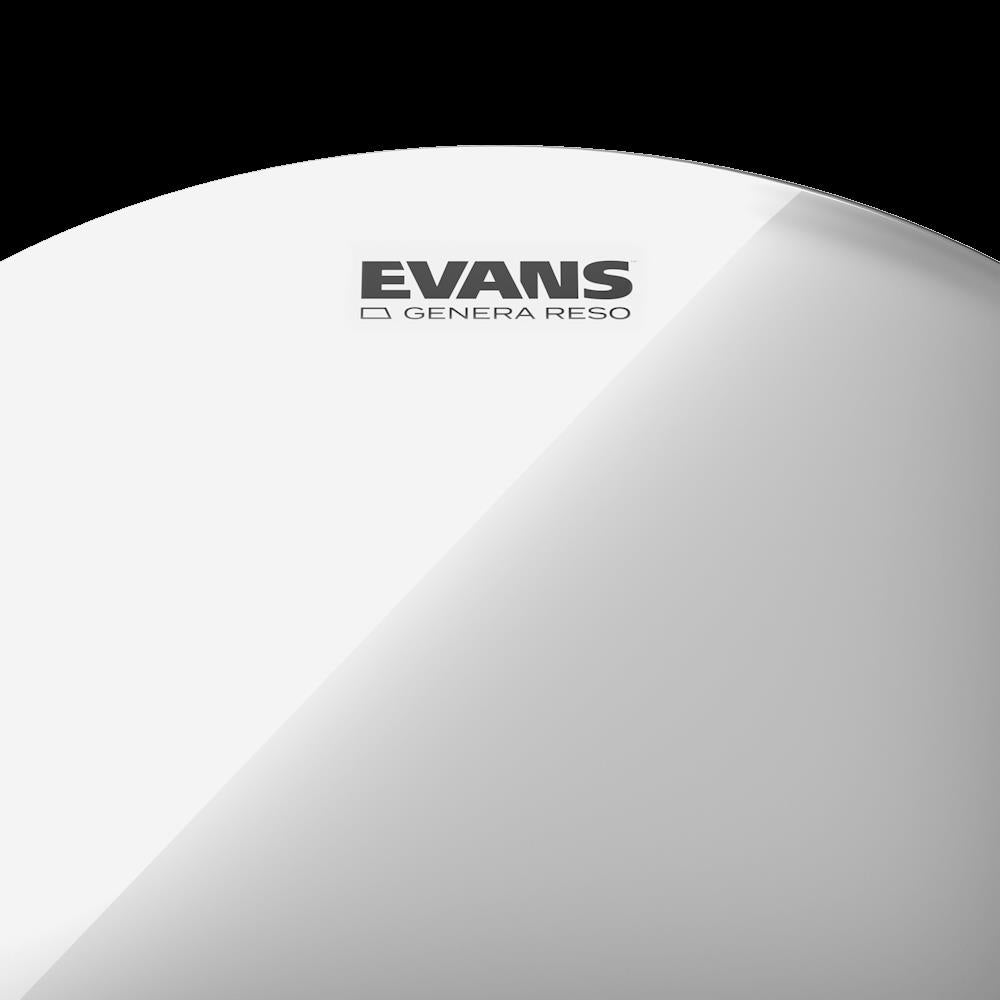 Evans 16-inch Genera Resonant Clear drum head with a smooth, transparent surface for resonant sound on a drum kit.