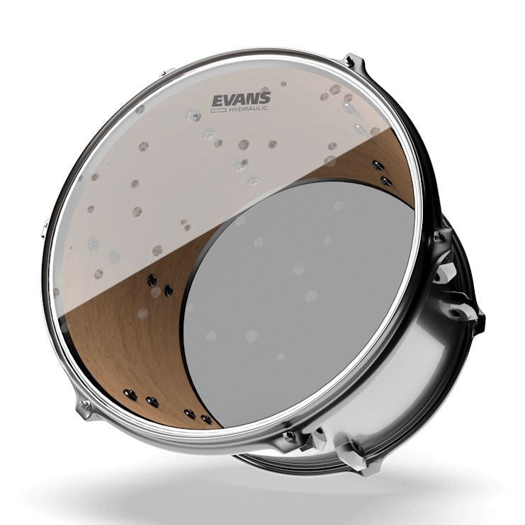 Evans 16-inch hydraulic clear drumhead, a durable drum head with a glass-like finish, suitable for various drum set applications.