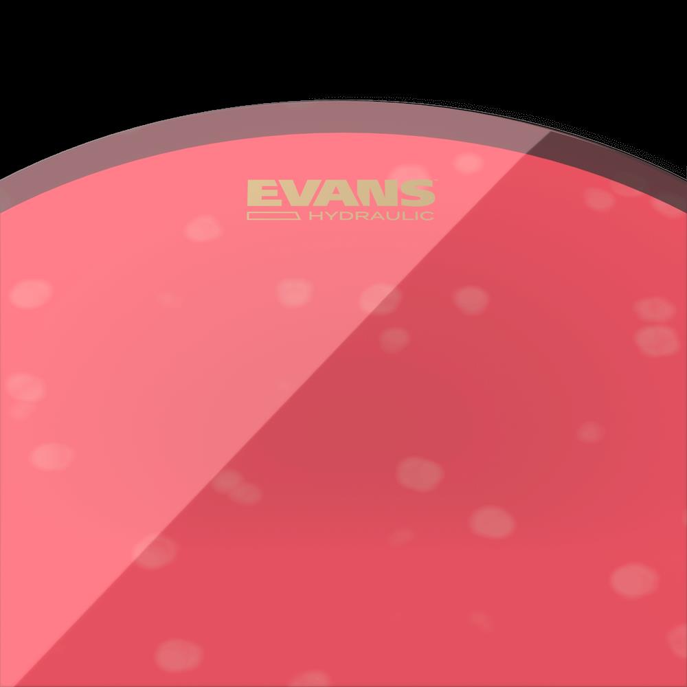 Evans 16-inch hydraulic red drum head with black logo, showing the textured surface and branding details.