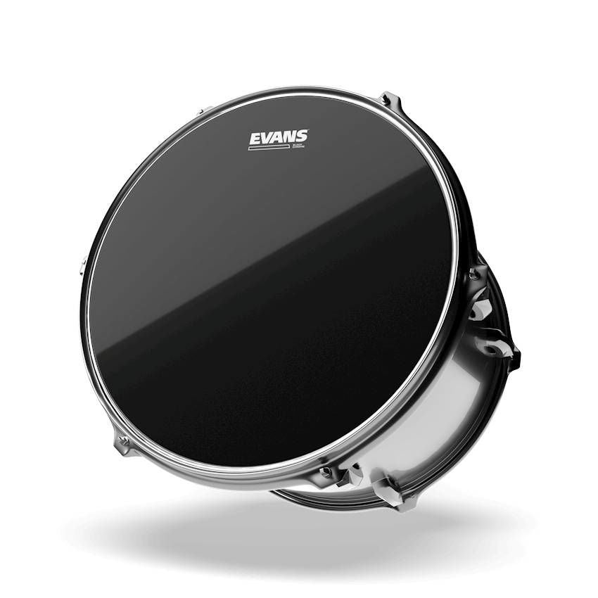 Evans Resonant black 18-inch drum head mounted on a drum, showing the Evans logo and smooth black surface for resonant sound.