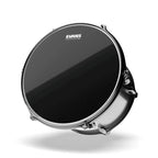 Evans Resonant black 18-inch drum head mounted on a drum, showing the Evans logo and smooth black surface for resonant sound.