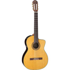 Takamine TC132SC Pro Series classical guitar in natural finish with pickup, showing a full view of the instrument's body and strings.