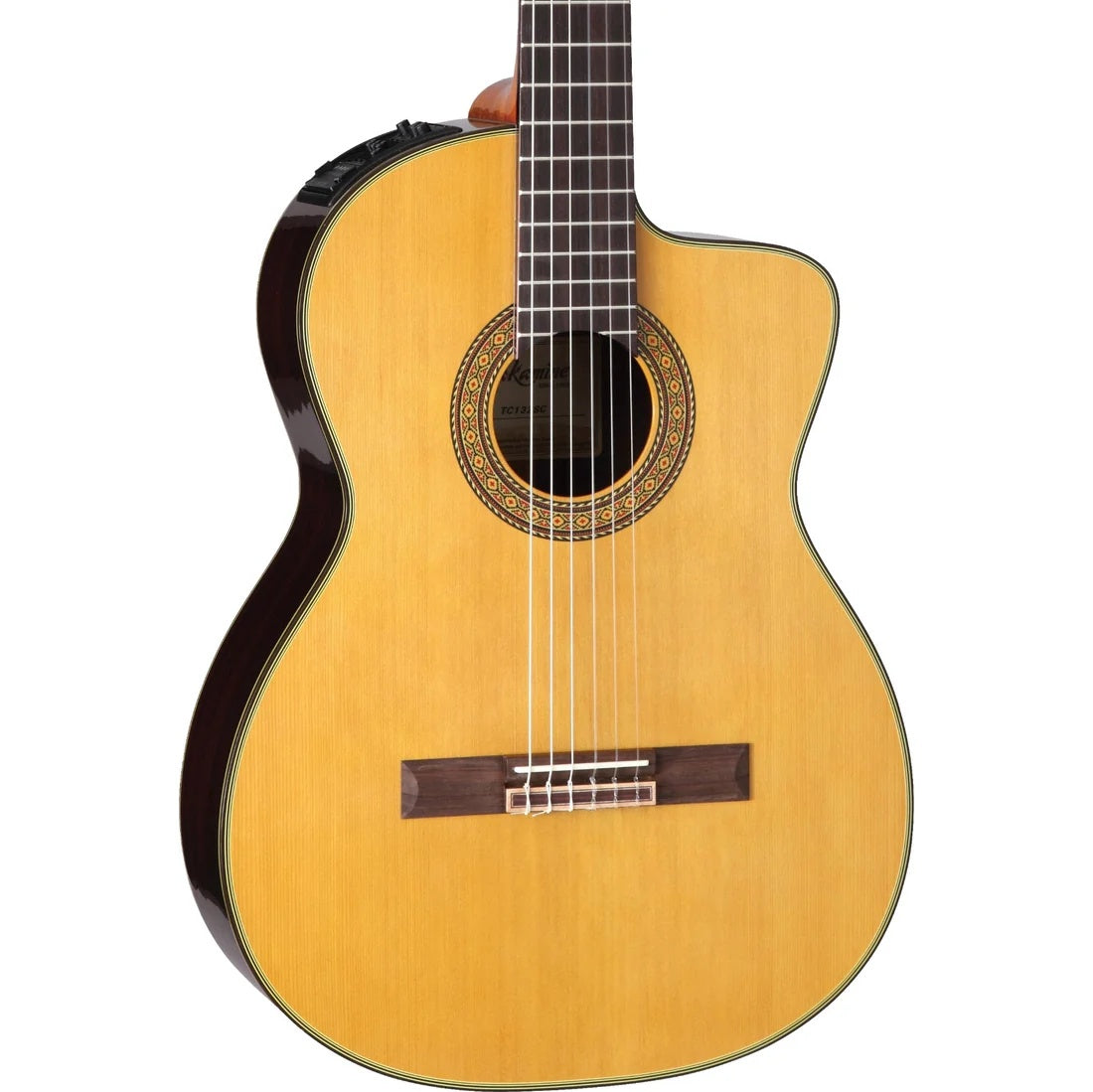 Takamine TC132SC Pro Series classical guitar in natural finish with built-in pickup, showcasing the body and neck of the instrument.