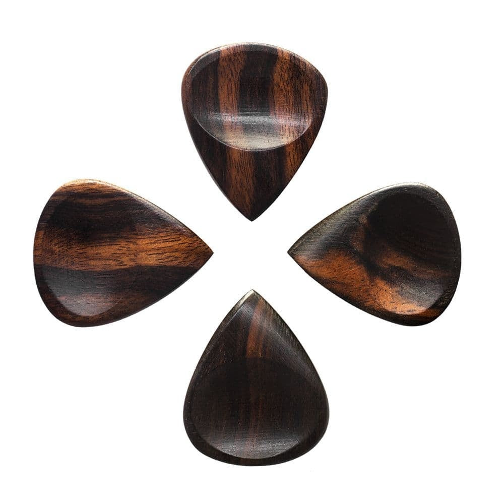 Set of four Timber Tones Groovy Tones Ebony guitar picks, showing smooth black picks with brand logo and rounded edges.