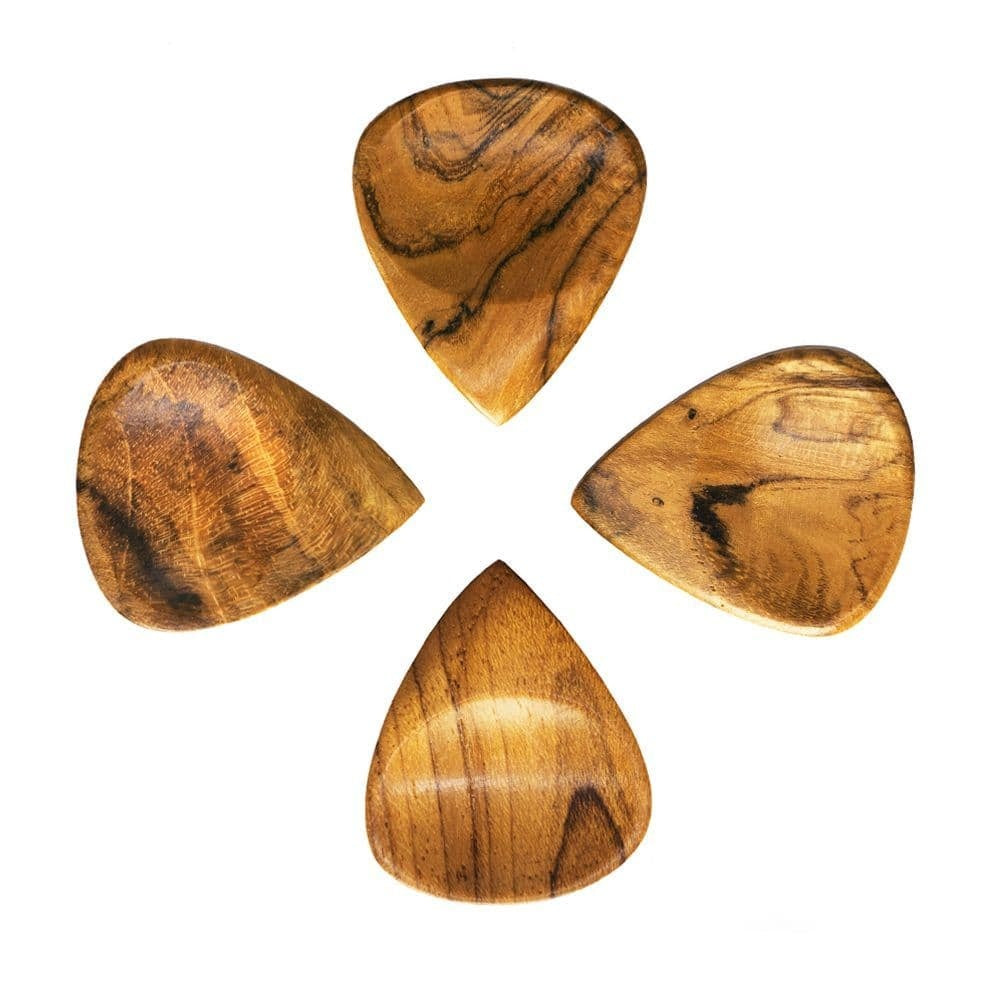 Set of four Timber Tones Indian Teak guitar picks from the Timbertone Groovy Tones collection, showcasing warm wood grain textures.