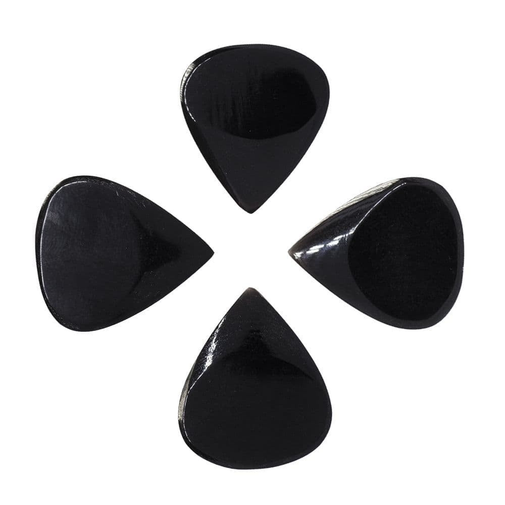 Set of four Timber Tones Jazz Tones Fat Black Horn guitar picks with a smooth, black horn finish for versatile playing.