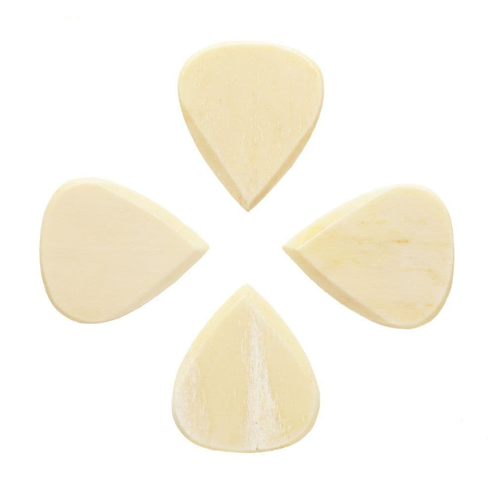 Set of four Timbertone Jazz Tones Fat Buffalo Bone guitar picks by Timber Tones, featuring natural bone texture and rounded edges.
