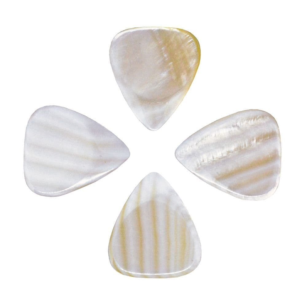Four Timber Tones Shell Tones freshwater mother of pearl guitar picks displayed in a pack, showcasing smooth, iridescent pick surfaces.