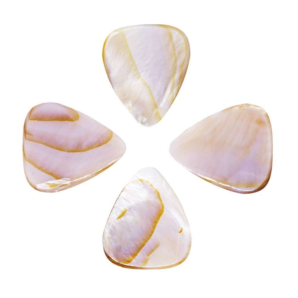 Four Timber Tones Shell Tones Gold Mussel Shell guitar picks displayed in a pack, showcasing smooth, shiny shell material and gold accents.