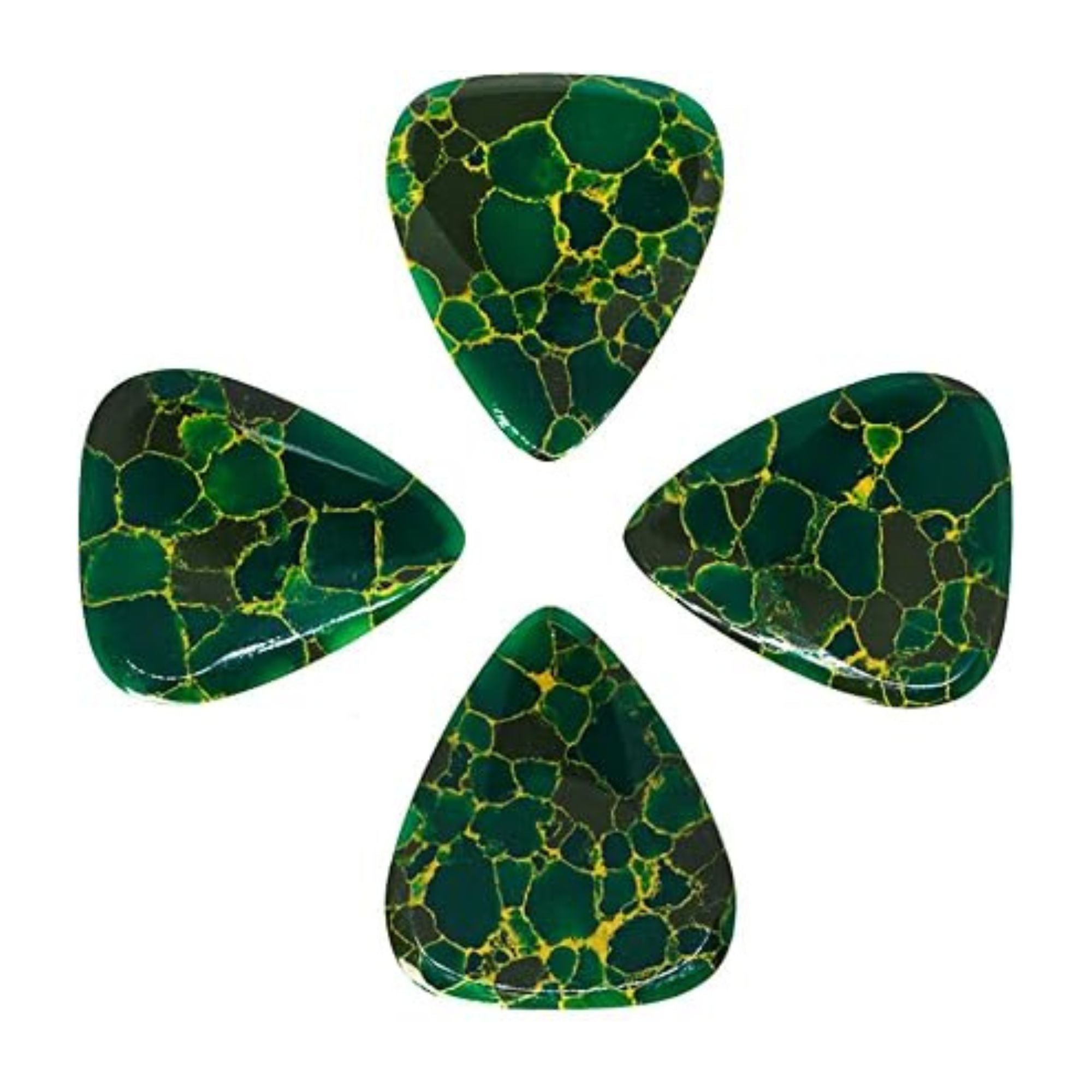 Four Timber Tones Stone Tones Arizona Jade guitar picks, natural stone material, with smooth edges and unique greenish hues.