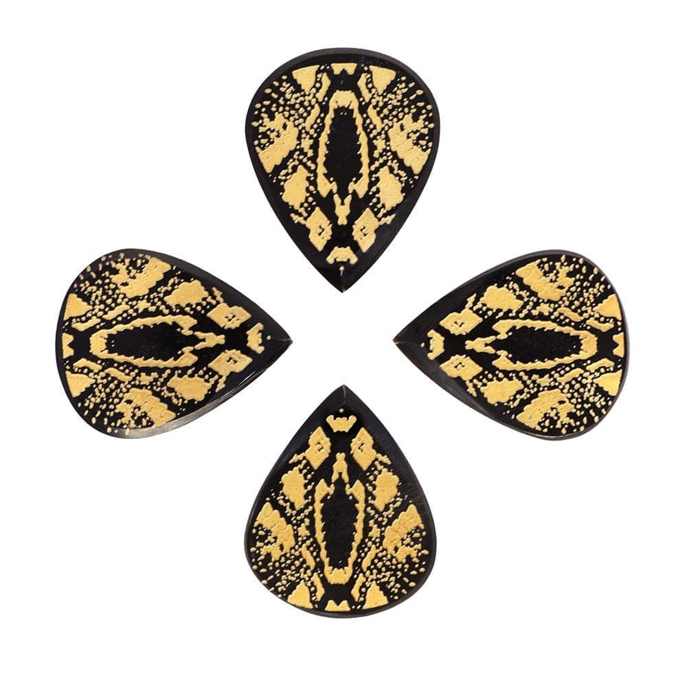 Set of four Timber Tones Tribal Tones Snake guitar picks with intricate snake pattern design for electric and acoustic guitar playing.