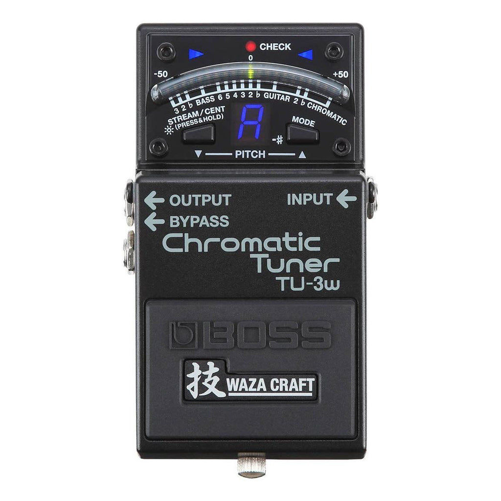 BOSS TU-3W Chromatic Tuner guitar pedal with LED display and control knobs, designed for precise tuning of electric guitars.