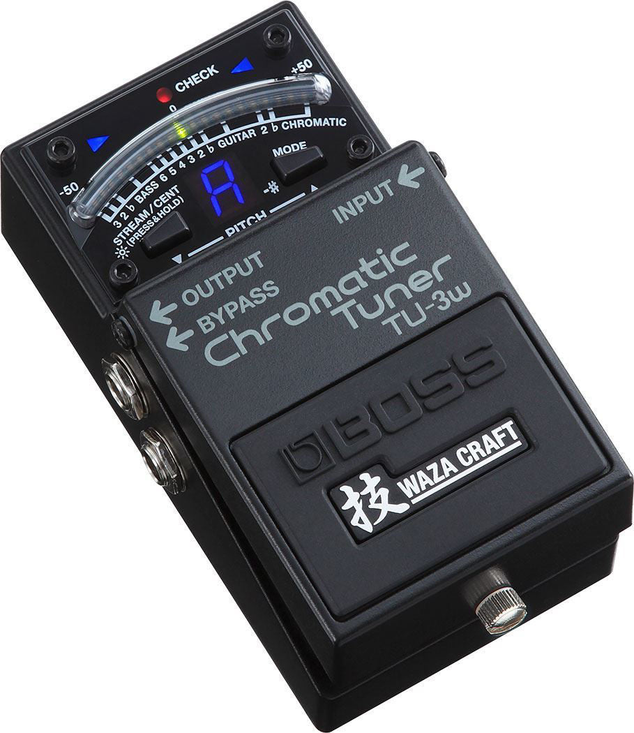 BOSS TU-3W Chromatic Tuner guitar pedal with LED display and control knobs, designed for precise tuning of electric guitars.