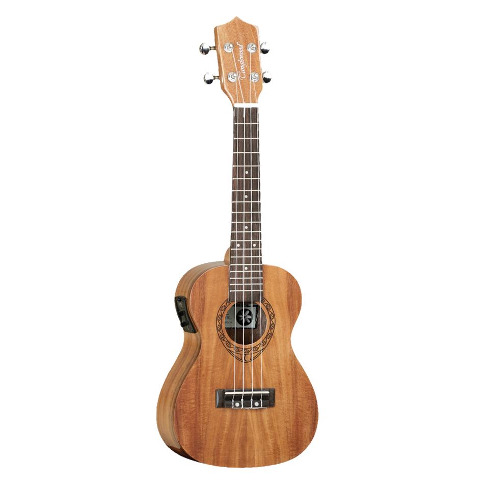 Tanglewood TWT8E Tiare concert ukulele with pickup, gig bag, in luxury satin koa finish, showcasing its elegant wood grain and compact size.