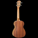 Tanglewood TWT8E Tiare concert ukulele in luxury satin koa finish with pickup and gig bag, shown on stand.