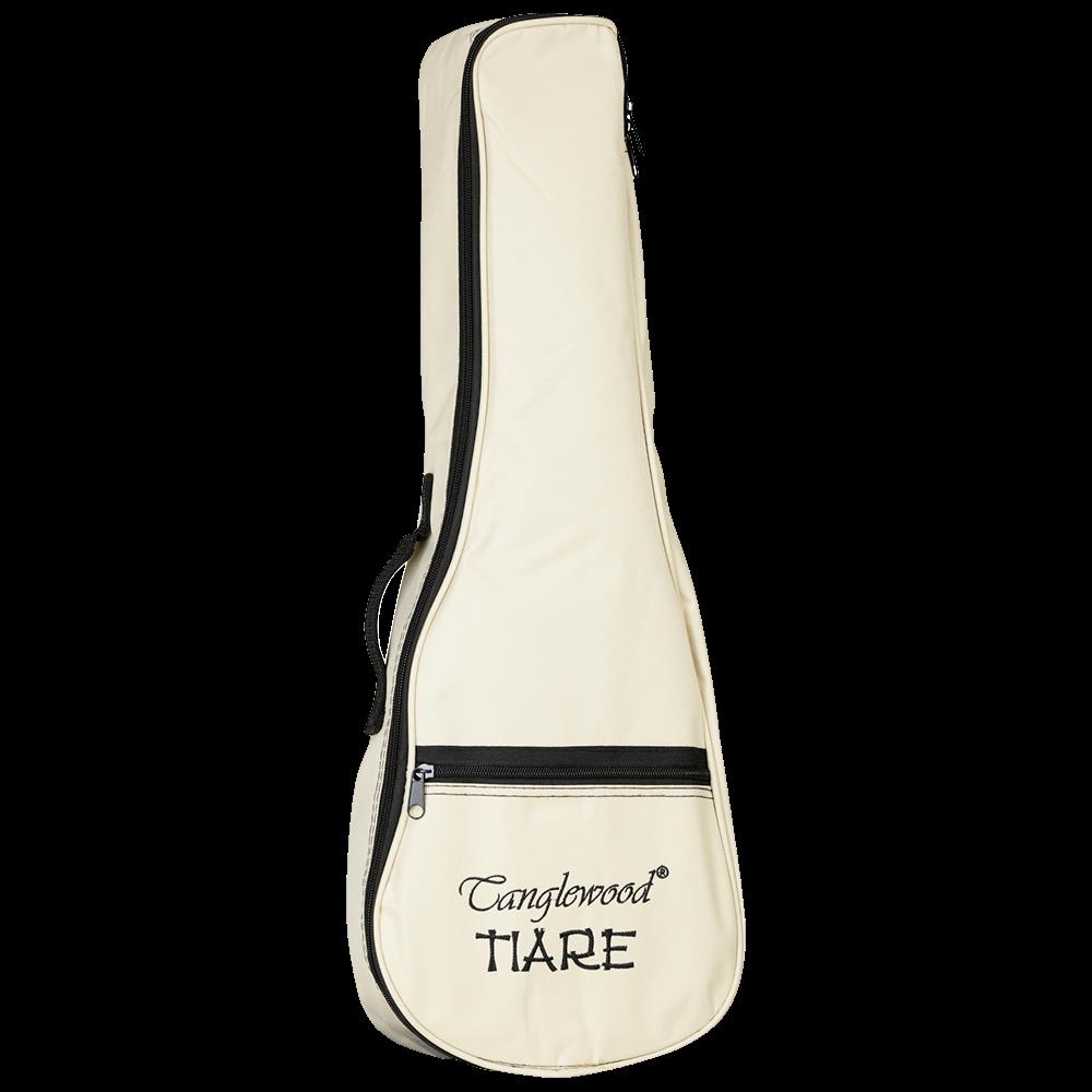 Tanglewood TWT8E Tiare concert ukulele with pickup, gig bag, luxury satin koa finish, showing the ukulele's body and neck.