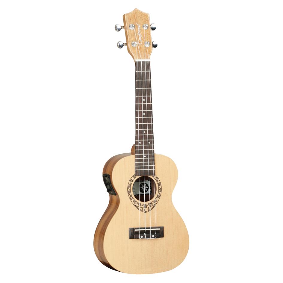 Tanglewood Tiare concert ukulele with pickup, featuring luxury satin spruce and koa wood, displayed on a stand.