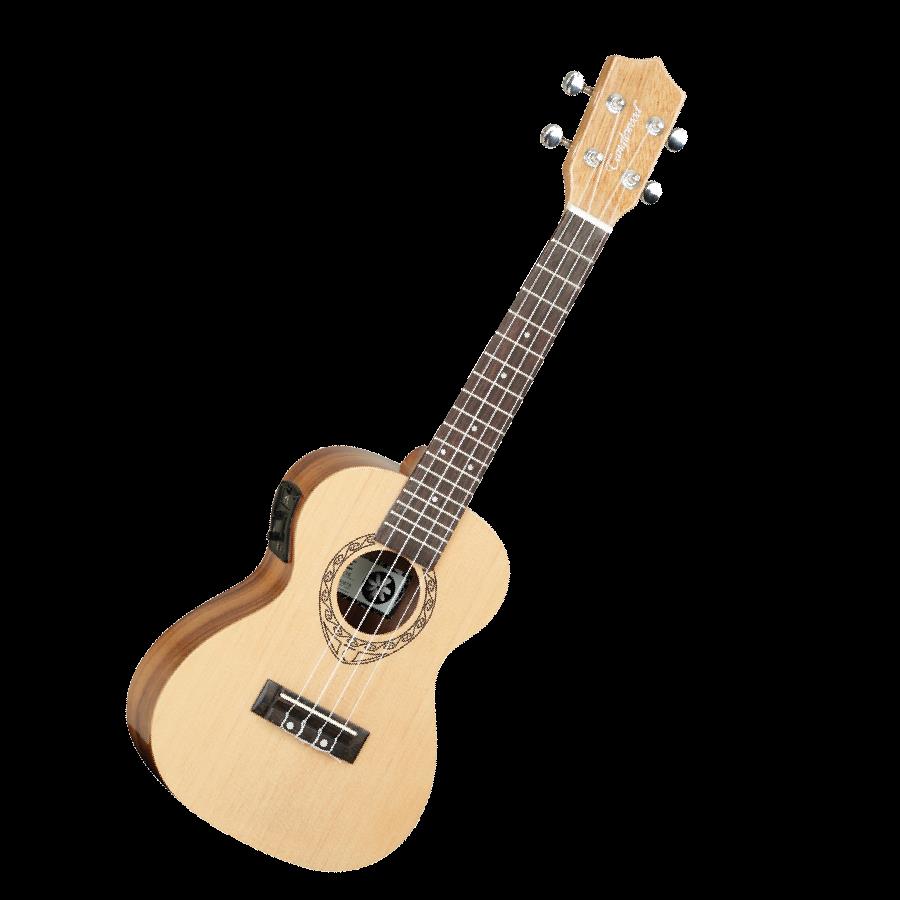 Tanglewood Tiare concert ukulele with pickup, featuring satin spruce and koa wood, shown with close-up of body and fretboard.