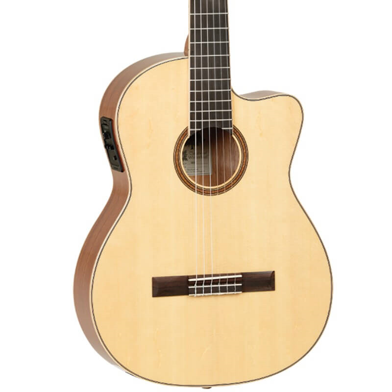 Tanglewood TWEMDC6 Enredo classical cutaway guitar with Fishman preamp, featuring a wood finish and nylon strings for versatile play.