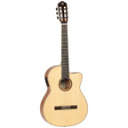 Tanglewood Enredo TWEMDC6 classical cutaway acoustic guitar with Fishman preamp, featuring a wooden body and detailed craftsmanship.