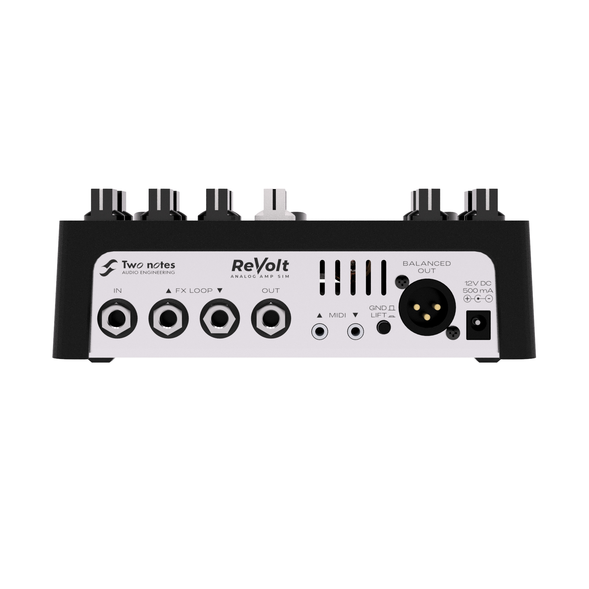 Two Notes Revolt 3-channel guitar amplifier pedal showing its control knobs and input jacks in a sleek design.
