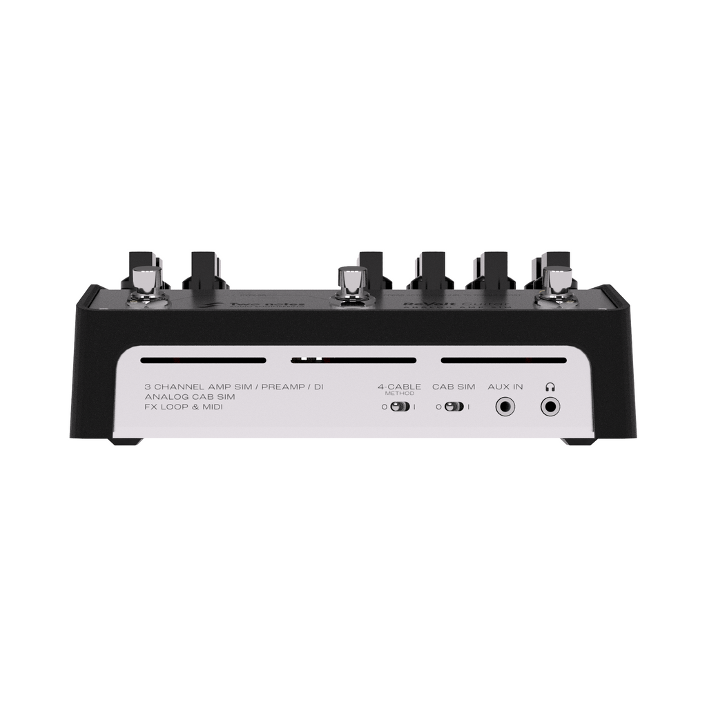 Two Notes Revolt 3-channel guitar amplifier pedal in black with control knobs and input/output ports visible on the front panel.
