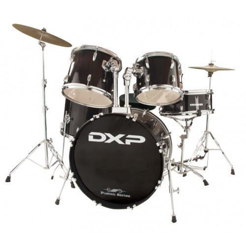 DXP Fusion 20 Drum Kit Package in black, showcasing drum shells, cymbals, and hardware for a complete percussion setup.