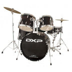 DXP Fusion 20 Drum Kit Package in black, showcasing drum shells, cymbals, and hardware for a complete percussion setup.