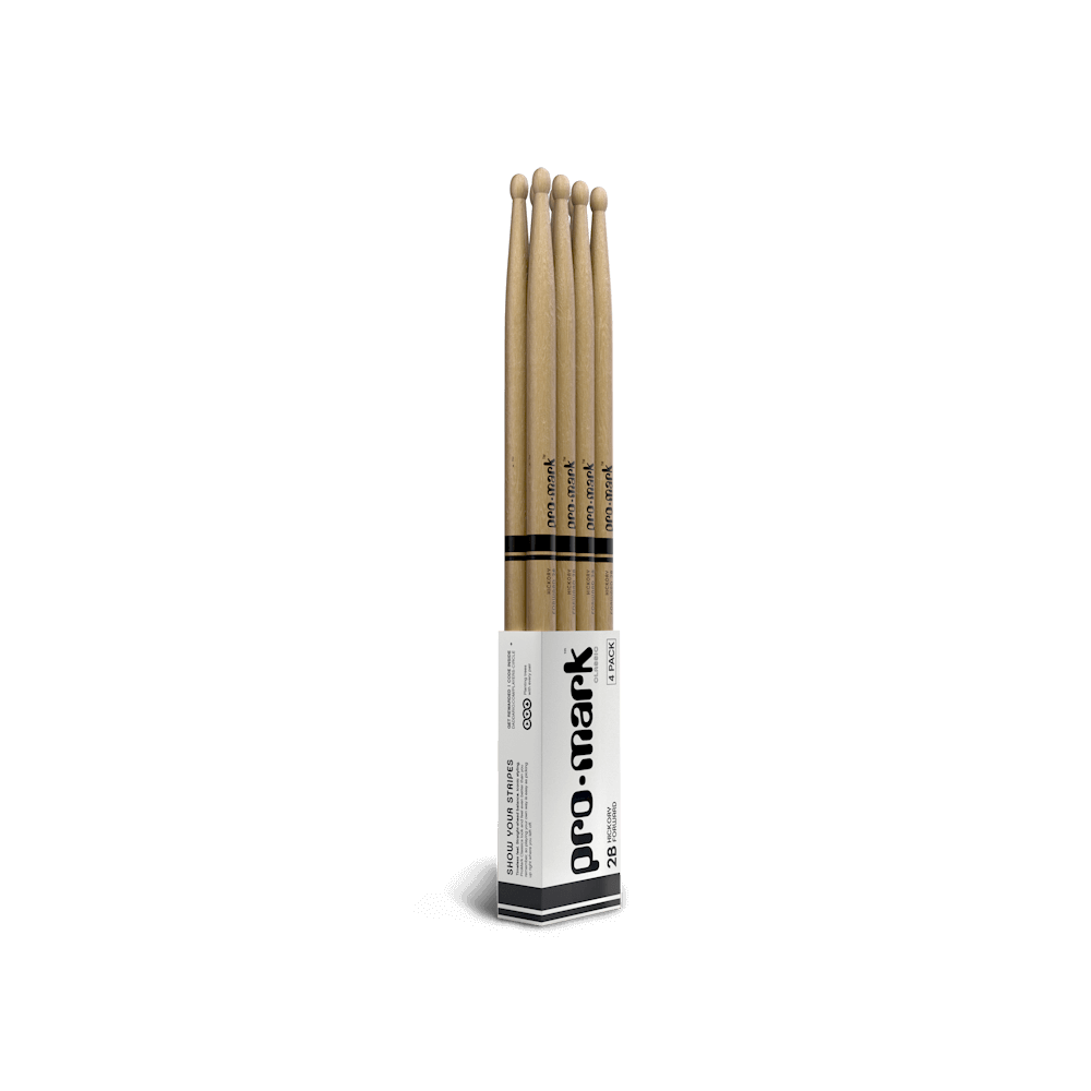 Set of four ProMark Forward 2B hickory wood tip drumsticks in lacquered finish, ideal for drummers and percussionists.