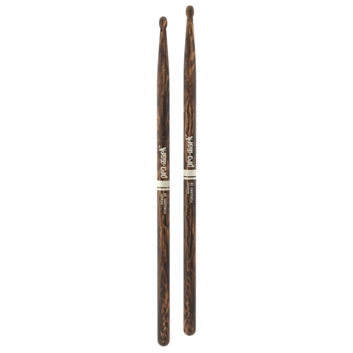 ProMark Classic 2B FireGrain drumsticks with wood grain finish, designed for drummers, showing the sticks' length and textured surface.