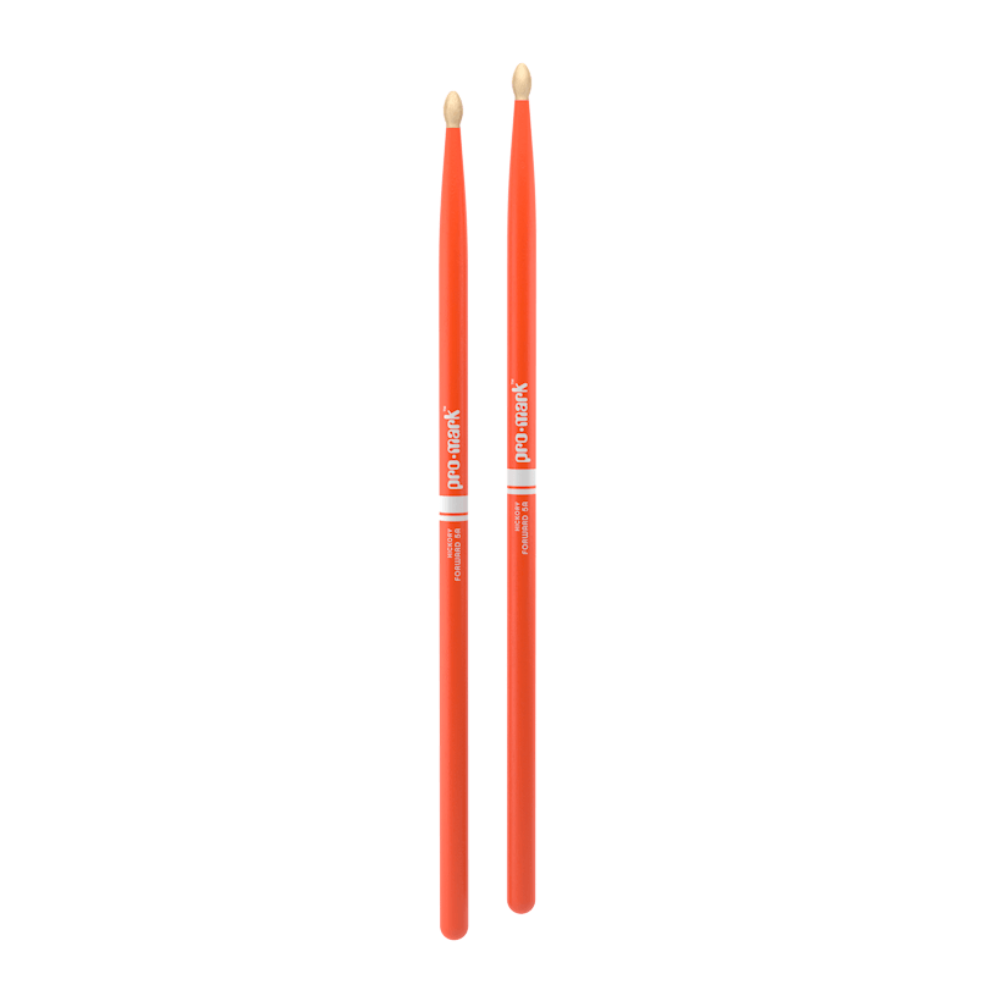 ProMark TX5AW Classic 5A drumsticks in bright orange, showing the wooden sticks with textured grip and brand logo.