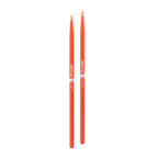 ProMark TX5AW Classic 5A drumsticks in bright orange, showing the wooden sticks with textured grip and brand logo.