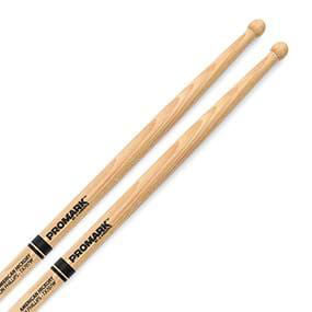 ProMark AM Hickory 707 Simon Phillips wood tip drumsticks showing the length and hickory wood grain design.