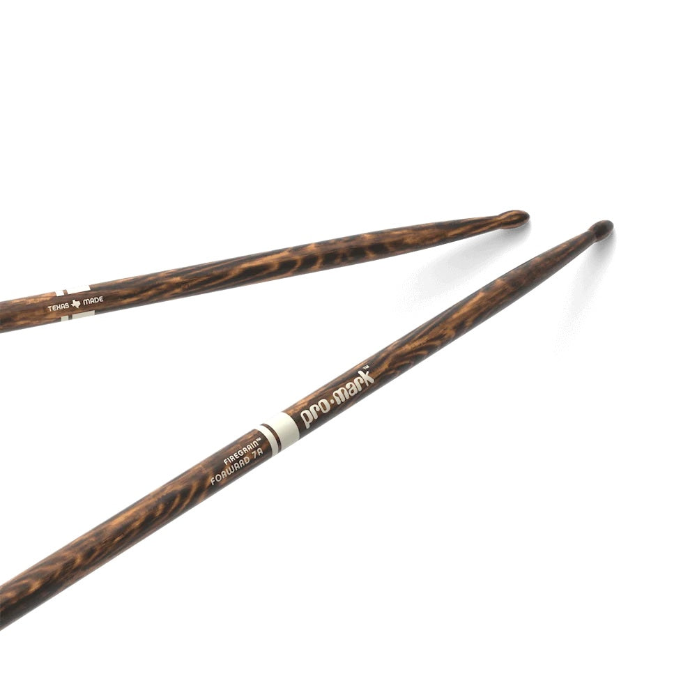 ProMark Classic 7A FireGrain drumsticks with wood tips, designed for drummers, shown with natural wood finish and branded logo.
