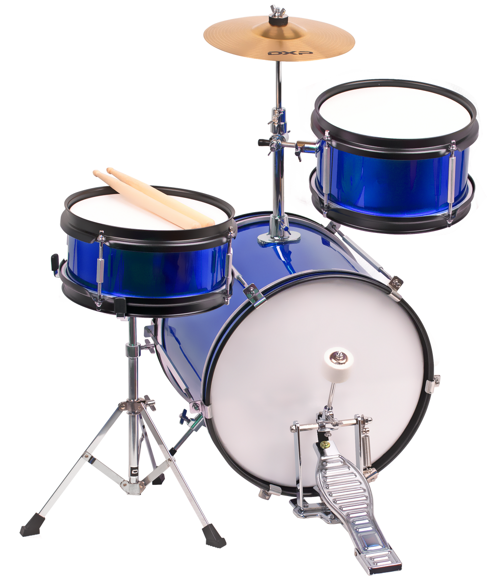 DXP Junior Series 3-piece drum kit in metallic blue, showing the bass drum, snare drum, and toms set up for a child-sized drum set.