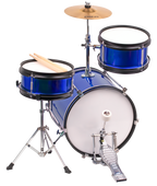 DXP Junior Series 3-piece drum kit in metallic blue, showing the bass drum, snare drum, and toms set up for a child-sized drum set.