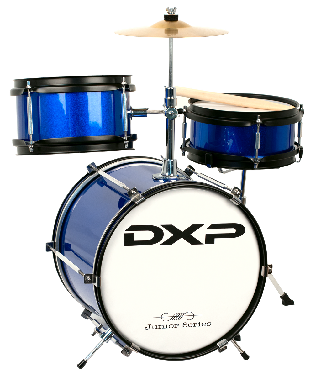 DXP Junior Series 3-piece metallic blue drum kit with bass drum, snare, and tom drums, perfect for beginners.