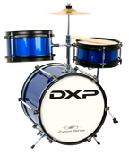 DXP Junior Series 3-piece metallic blue drum kit with bass drum, snare, and tom drums, perfect for beginners.