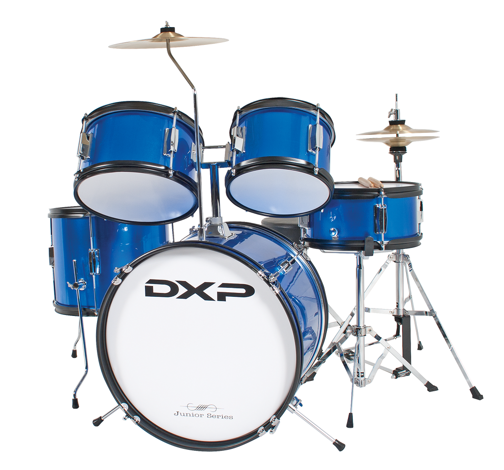 DXP Junior Series 5-piece drum kit in metallic blue with drums, cymbals, and hardware, designed for young drummers.