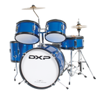 DXP Junior Series 5-piece drum kit in metallic blue with drums, cymbals, and hardware, designed for young drummers.