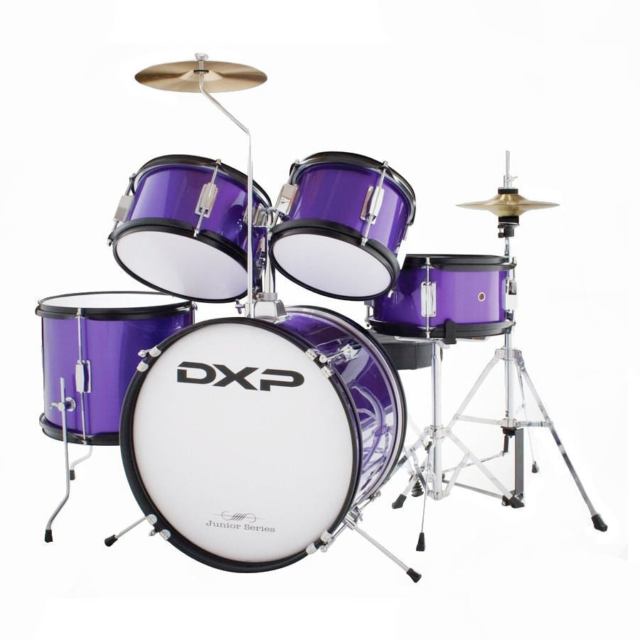 DXP Junior Series 5-piece drum kit in purple with drums, cymbals, and stands, suitable for beginners or young players.