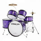DXP Junior Series 5-piece drum kit in purple with drums, cymbals, and stands, suitable for beginners or young players.