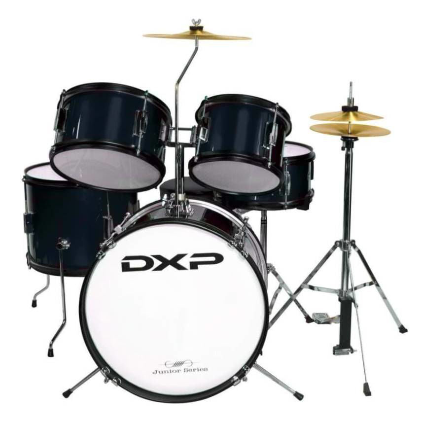 DXP TXJ7BK Junior Series 5-piece black drum kit with drums, cymbals, and hardware for beginner musicians.