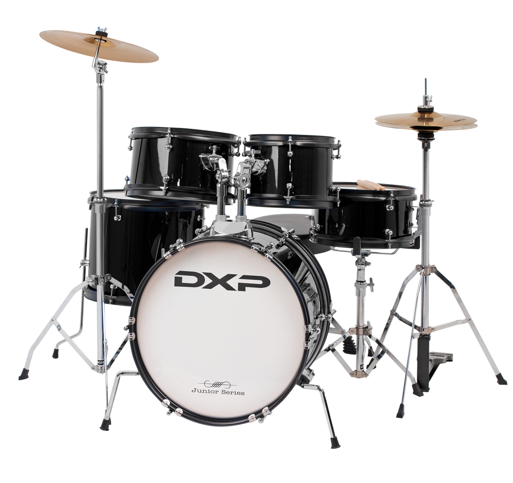 DXP Junior Series 5-piece black drum kit with bass drum, toms, snare, and cymbals, designed for beginners or young drummers.