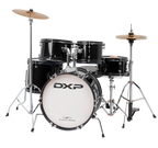 DXP Junior Series 5-piece black drum kit with bass drum, toms, snare, and cymbals, designed for beginners or young drummers.