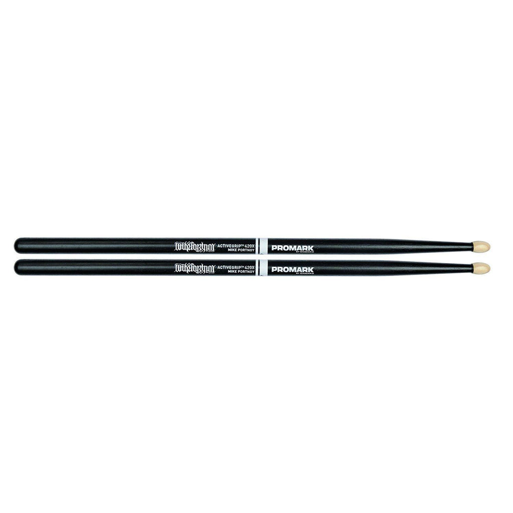 ProMark Mike Portnoy ActiveGrip 420X hickory oval wood tip drumsticks shown with textured grip and natural wood finish.