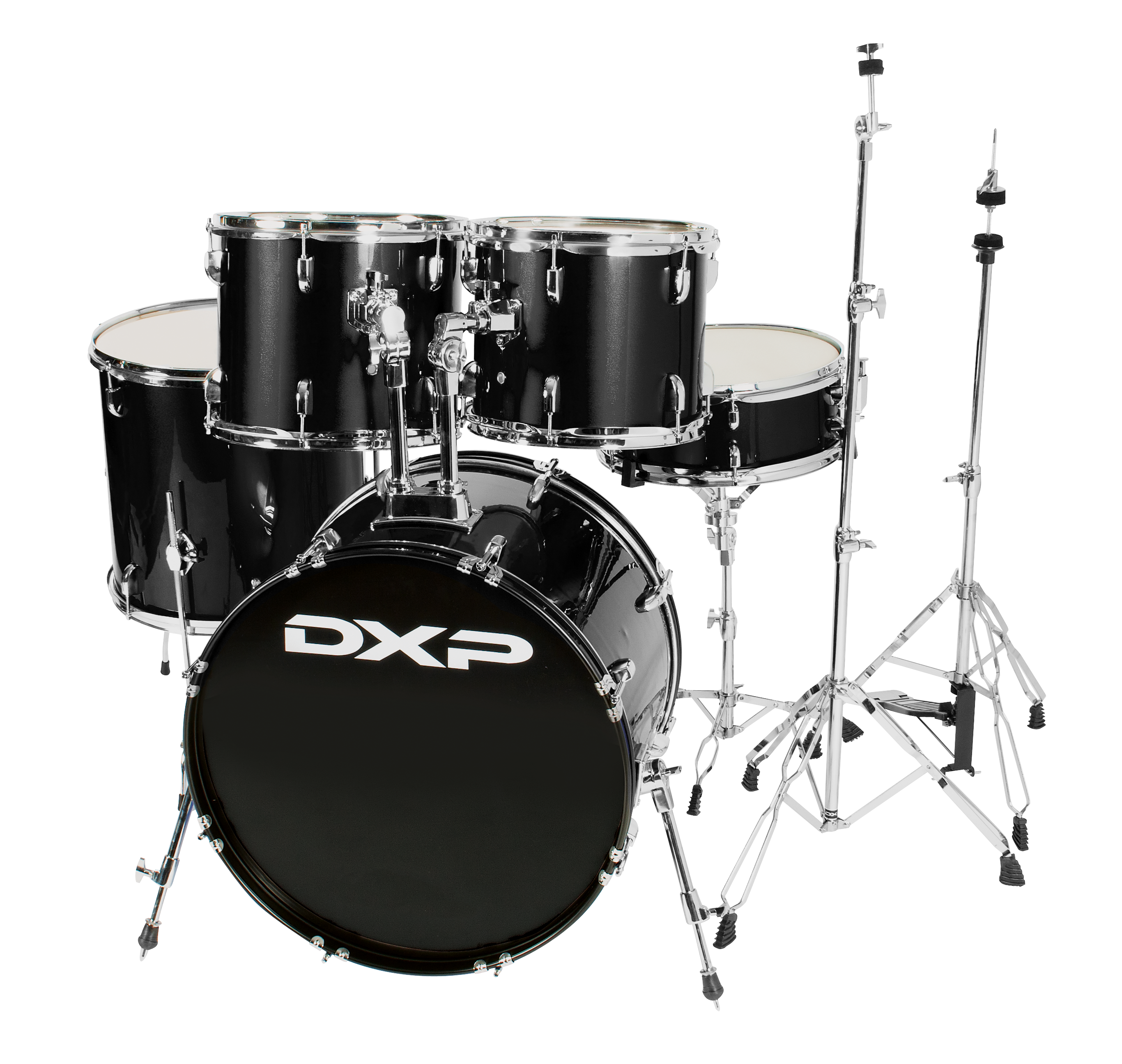 DXP 22 Rock Drum Kit in black featuring bass drum, toms, snare, and cymbals, perfect for rock drumming.