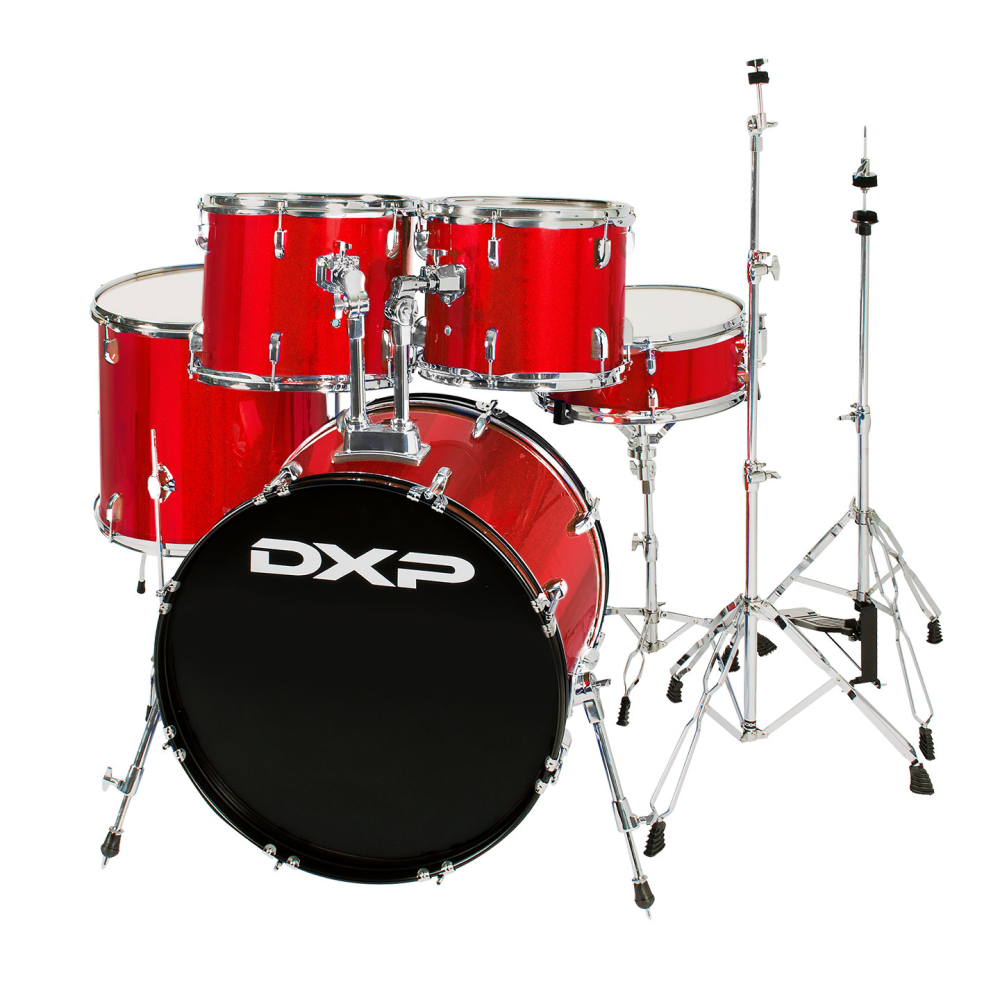 DXP Pioneer Series 22/12/13/16+14S drum kit in Candy Apple Sparkle with snare drum and cymbals, ready for performance