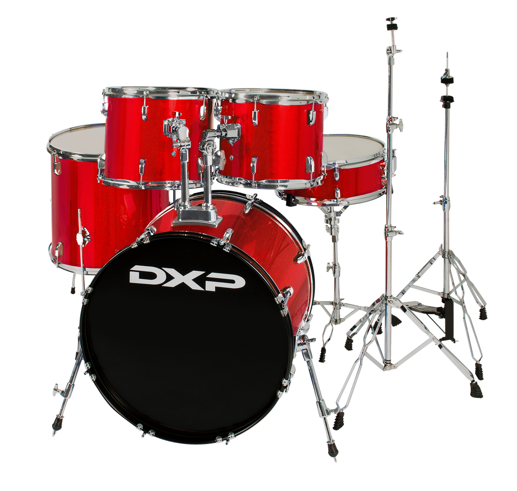 DXP Pioneer Series 22/12/13/16+14S drum kit in Candy Apple Sparkle with bass drum, toms, snare, and cymbals, ready for playing.