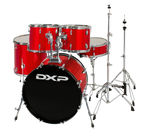 DXP Pioneer Series 22/12/13/16+14S drum kit in Candy Apple Sparkle with bass drum, toms, snare, and cymbals, ready for playing.
